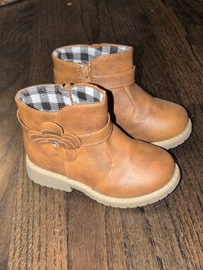 Toddler Tan Flower Accent Ankle Boots with Plaid Lining